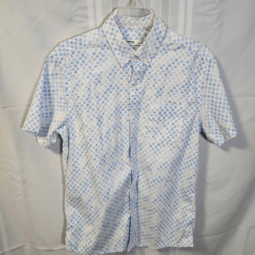 Sonoma Button Down‎ Shirt Mens M Blue White Fish Scale Print Short Sleeve Pocket